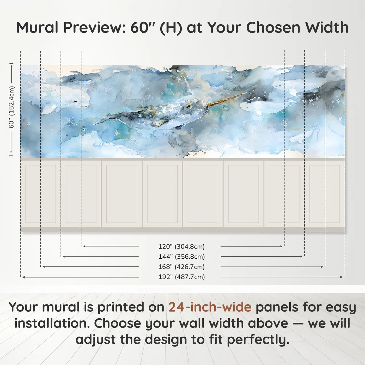 Panel dimensions for Narwhal Arctic Water Glow Wainscoting Wallpaper by Whimsy Tots