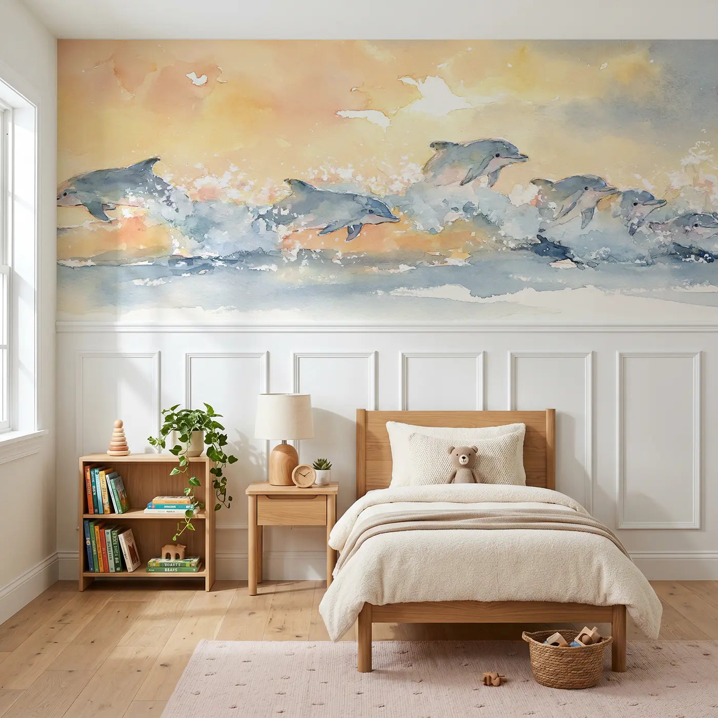 Watercolor dolphin pod sunrise surf wainscoting wallpaper for bedroom by Whimsy Tots