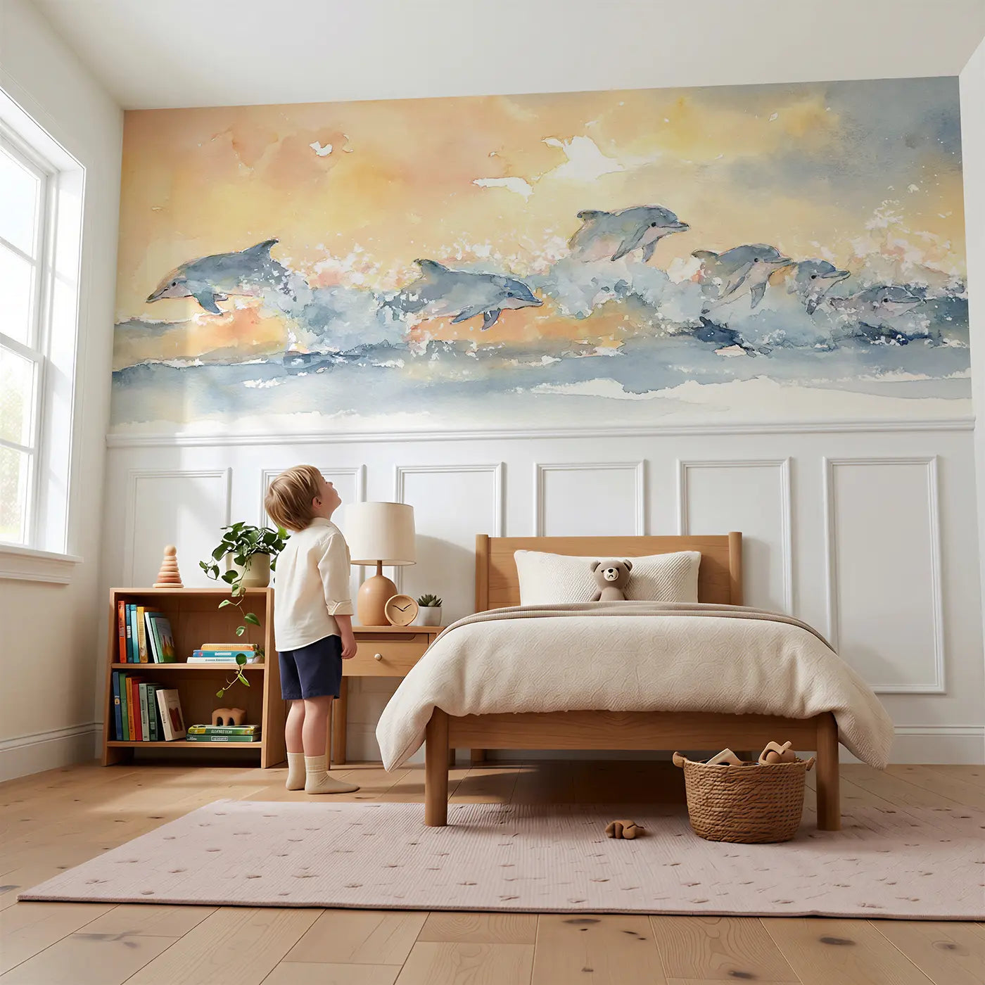 Child reading near Dolphin Pod Sunrise Surf Wainscoting Wallpaper by Whimsy Tots