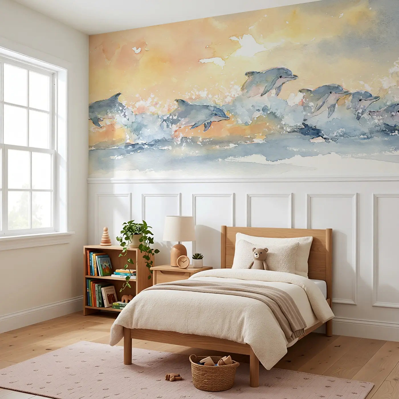 Dolphin Pod Sunrise Surf Wainscoting Wallpaper styled in a kids bedroom by Whimsy Tots