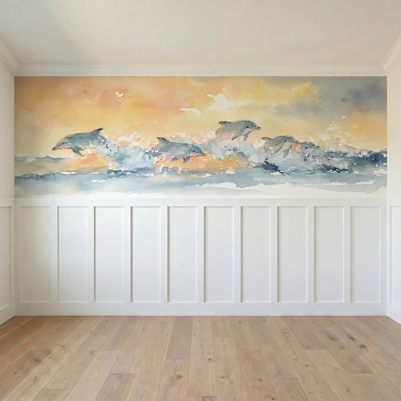 Full panel view of Dolphin Pod Sunrise Surf Wainscoting Wallpaper by Whimsy Tots