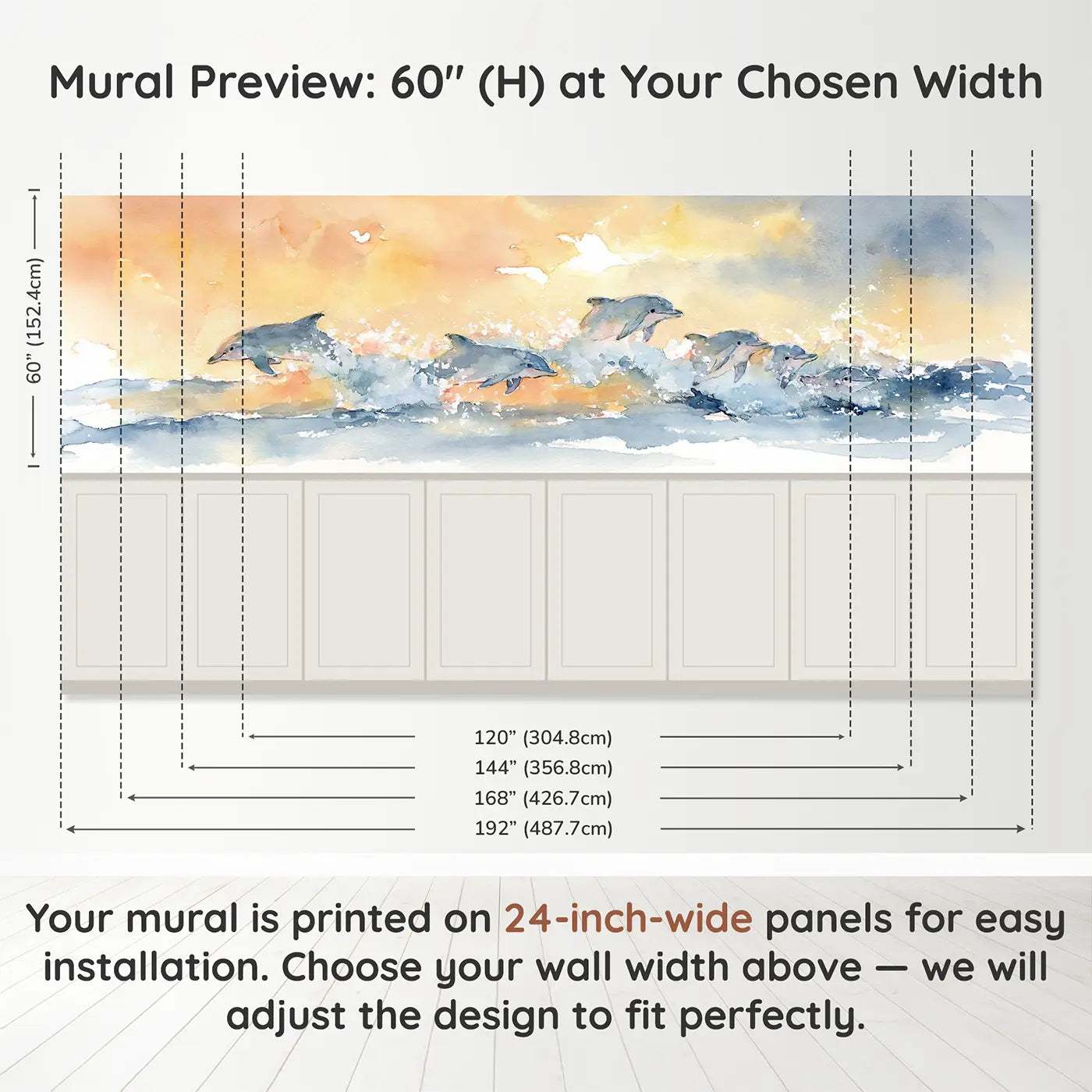 Panel dimensions for Dolphin Pod Sunrise Surf Wainscoting Wallpaper by Whimsy Tots