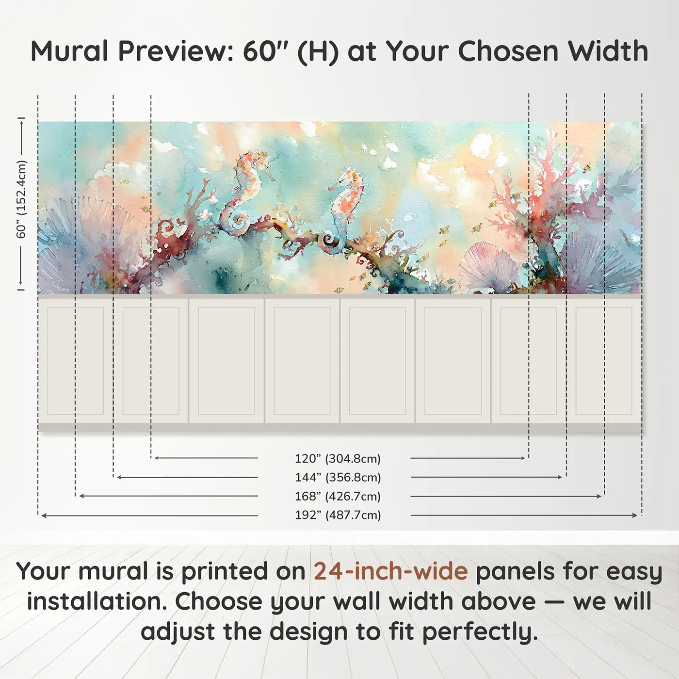 Panel dimensions for Seahorse Coral Palace Wainscoting Wallpaper by Whimsy Tots