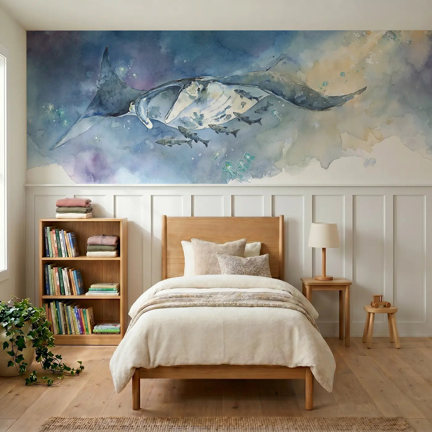 Watercolor manta ray deep blue glide wainscoting wallpaper for bedroom by Whimsy Tots