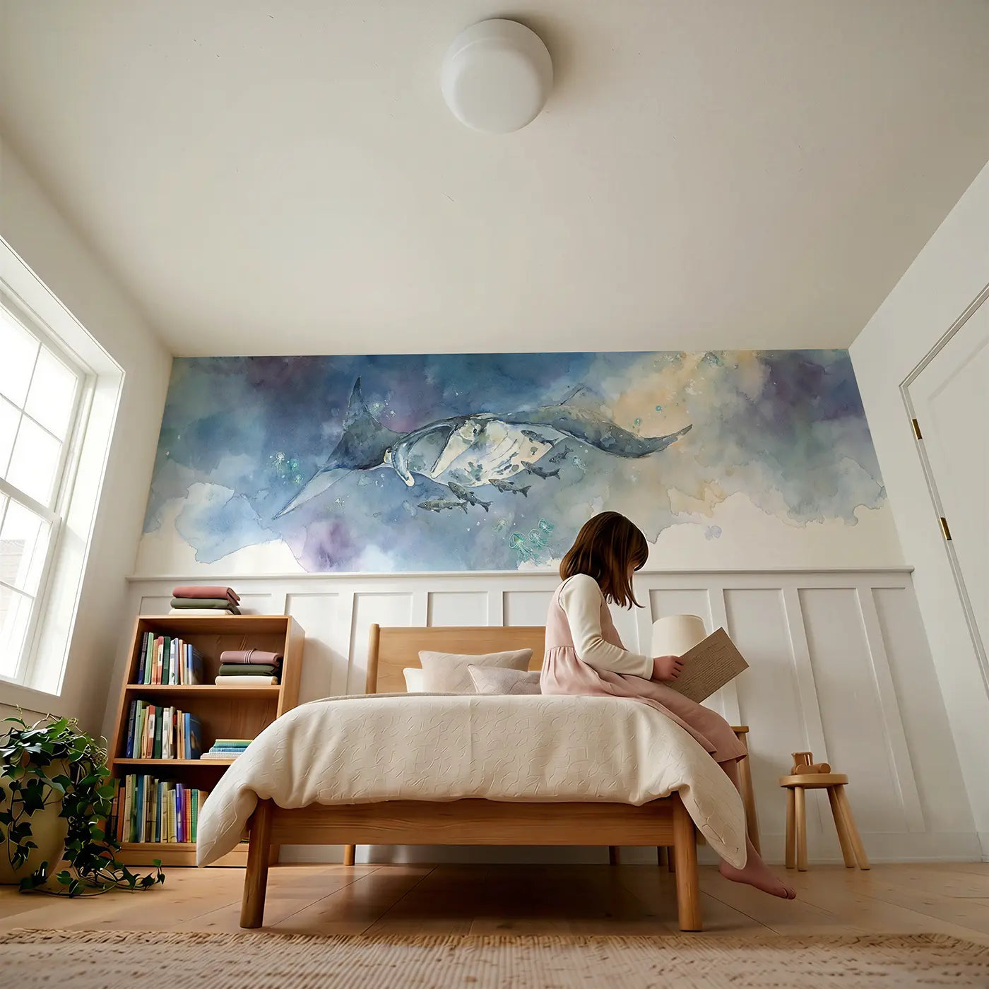 Child reading near Manta Ray Deep Blue Glide Wainscoting Wallpaper by Whimsy Tots