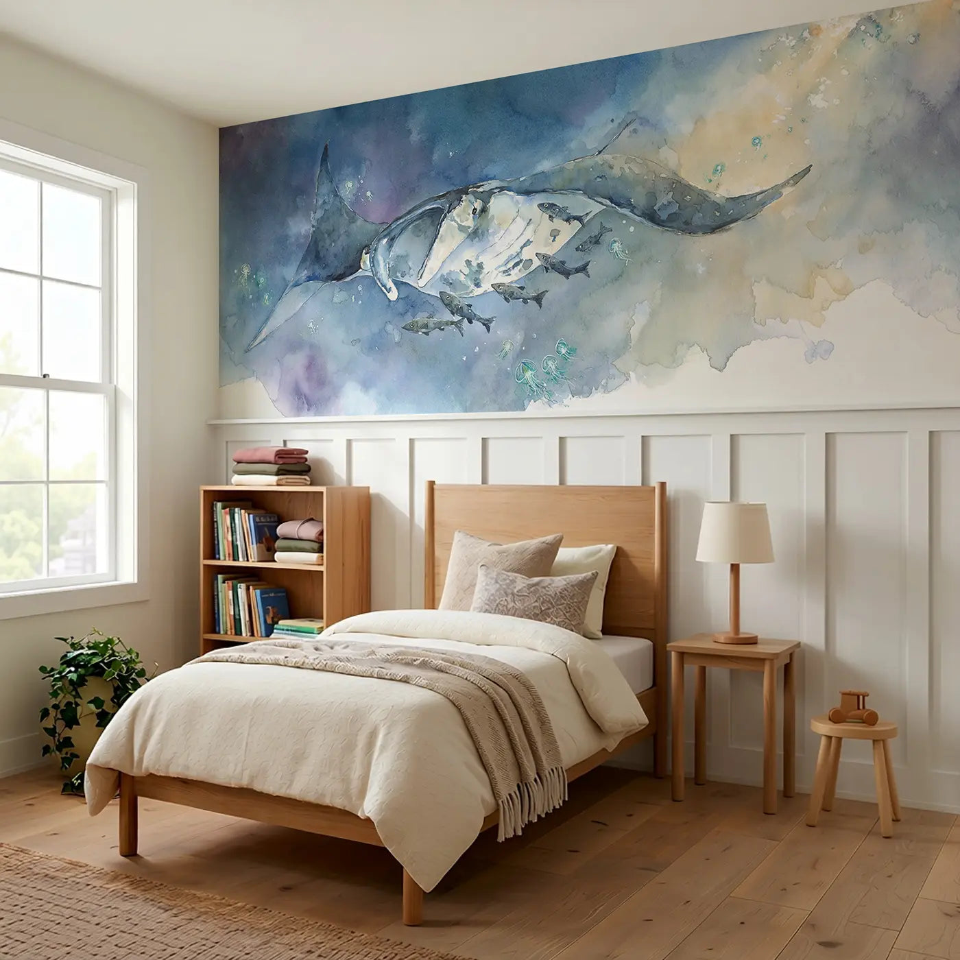 Manta Ray Deep Blue Glide Wainscoting Wallpaper styled in a kids bedroom by Whimsy Tots