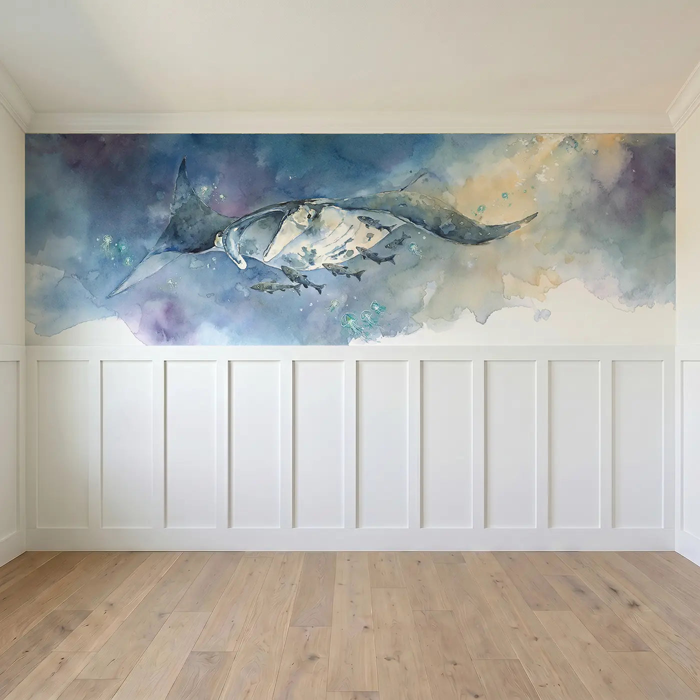 Full panel view of Manta Ray Deep Blue Glide Wainscoting Wallpaper by Whimsy Tots