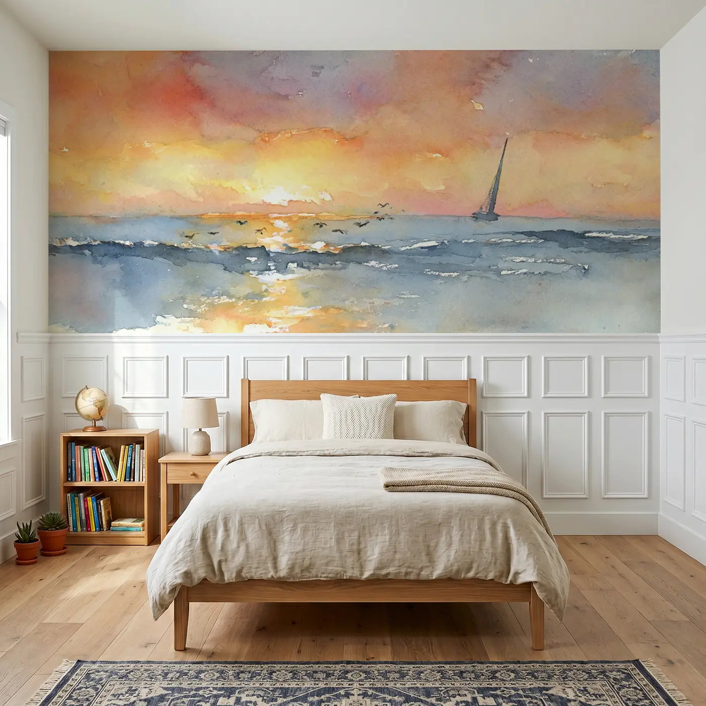 Watercolor ocean horizon sunset sail wainscoting wallpaper for bedroom by Whimsy Tots