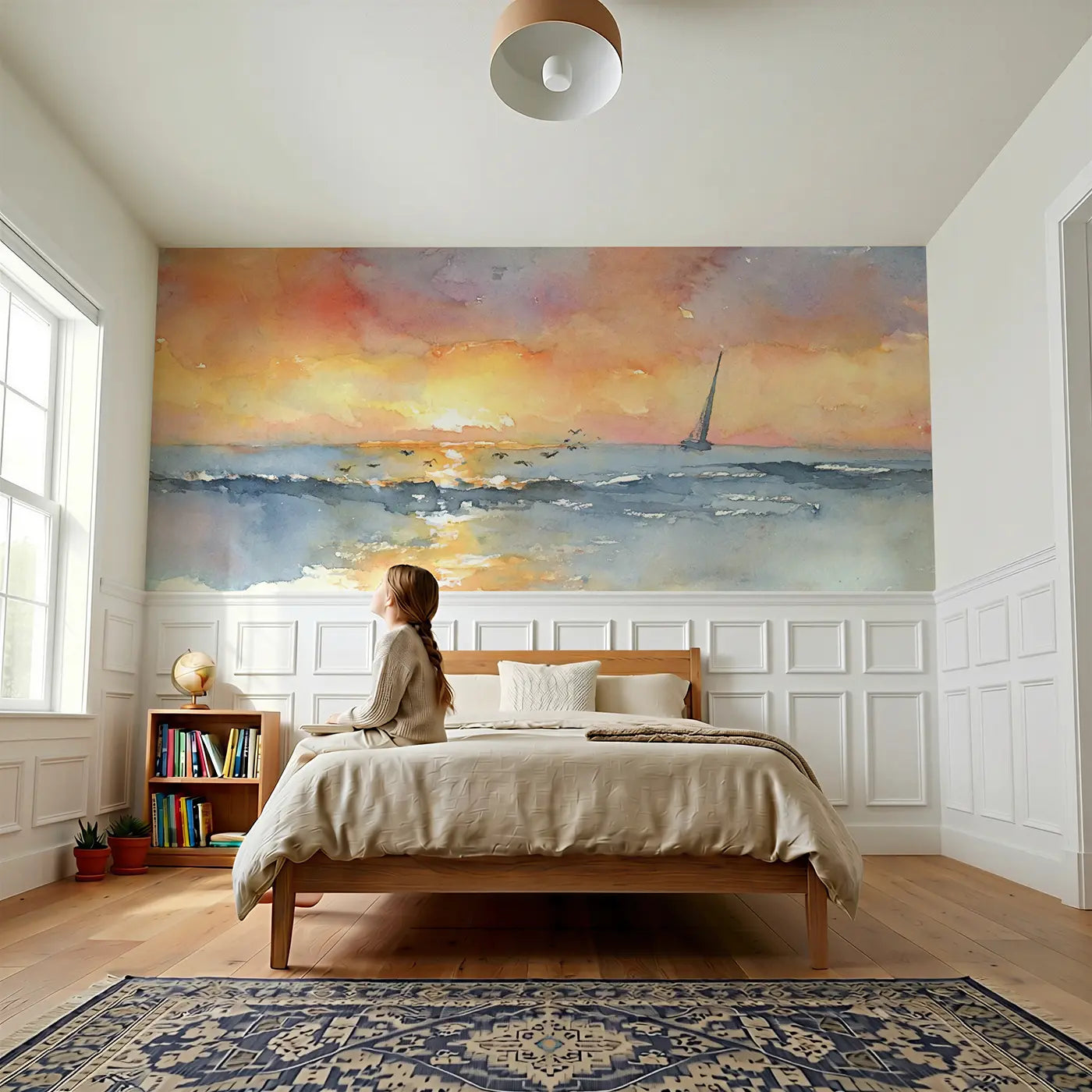 Child reading near Ocean Horizon Sunset Sail Wainscoting Wallpaper by Whimsy Tots