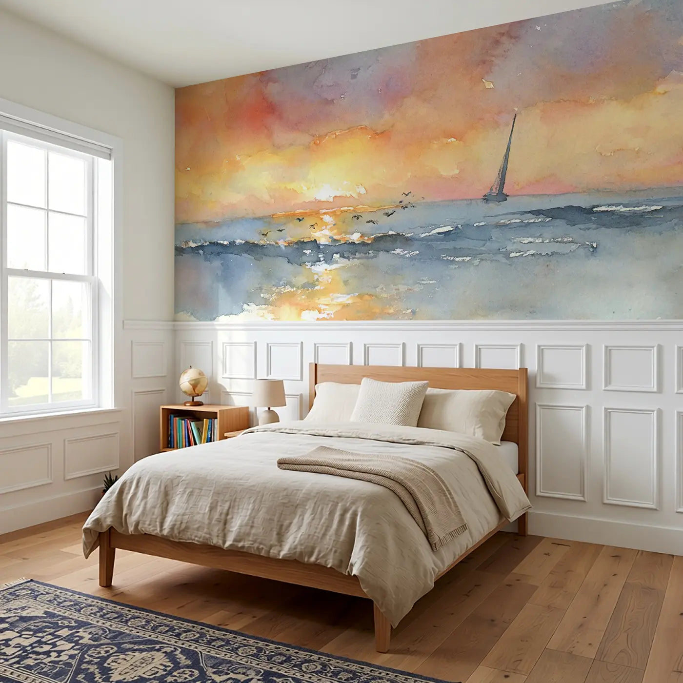 Ocean Horizon Sunset Sail Wainscoting Wallpaper styled in a kids bedroom by Whimsy Tots
