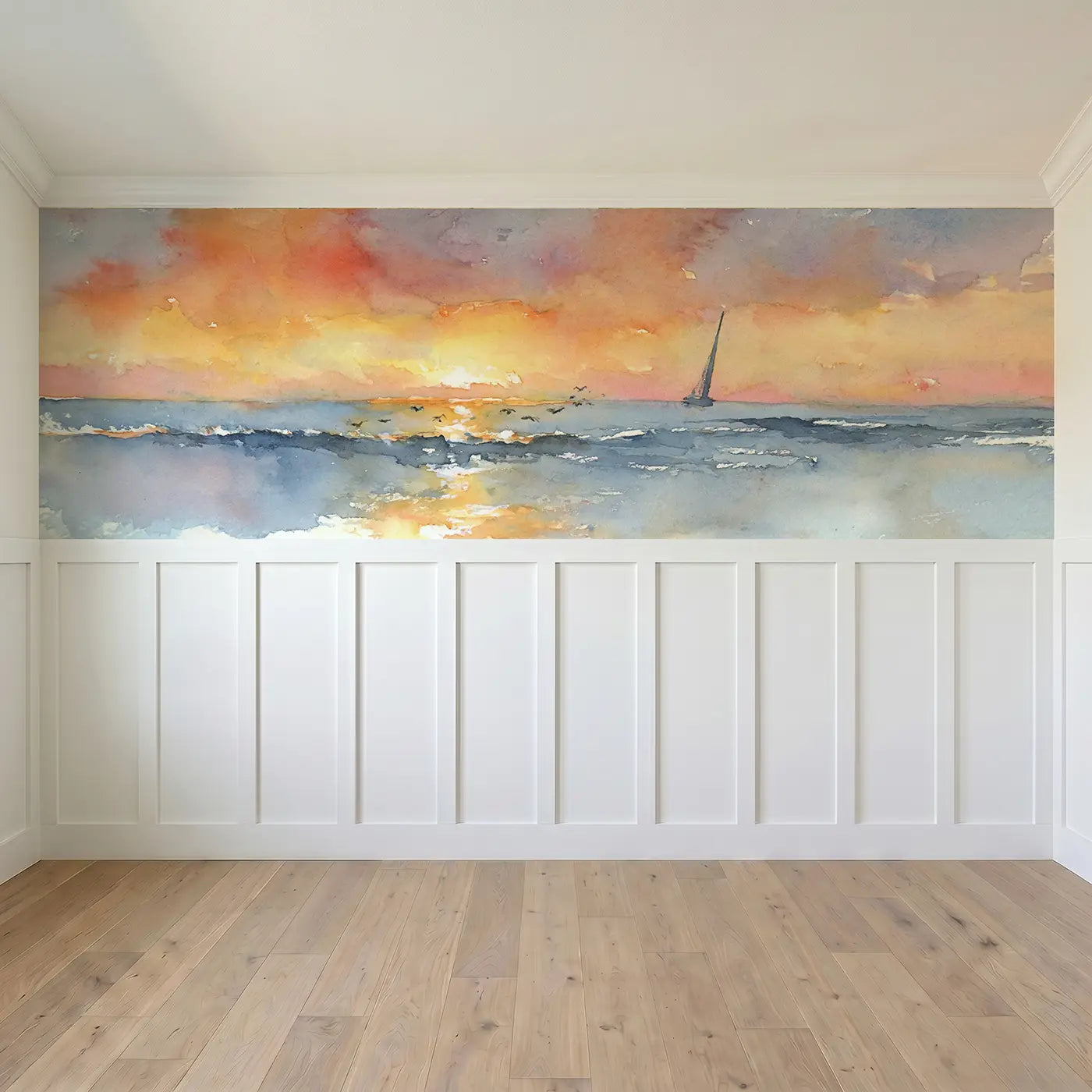 Full panel view of Ocean Horizon Sunset Sail Wainscoting Wallpaper by Whimsy Tots