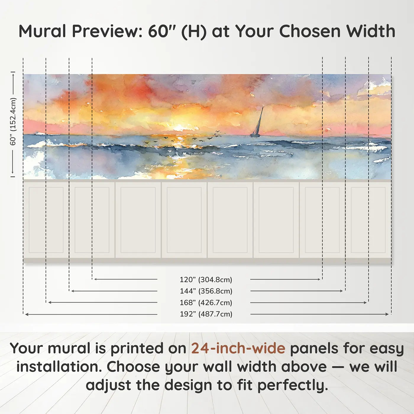Panel dimensions for Ocean Horizon Sunset Sail Wainscoting Wallpaper by Whimsy Tots