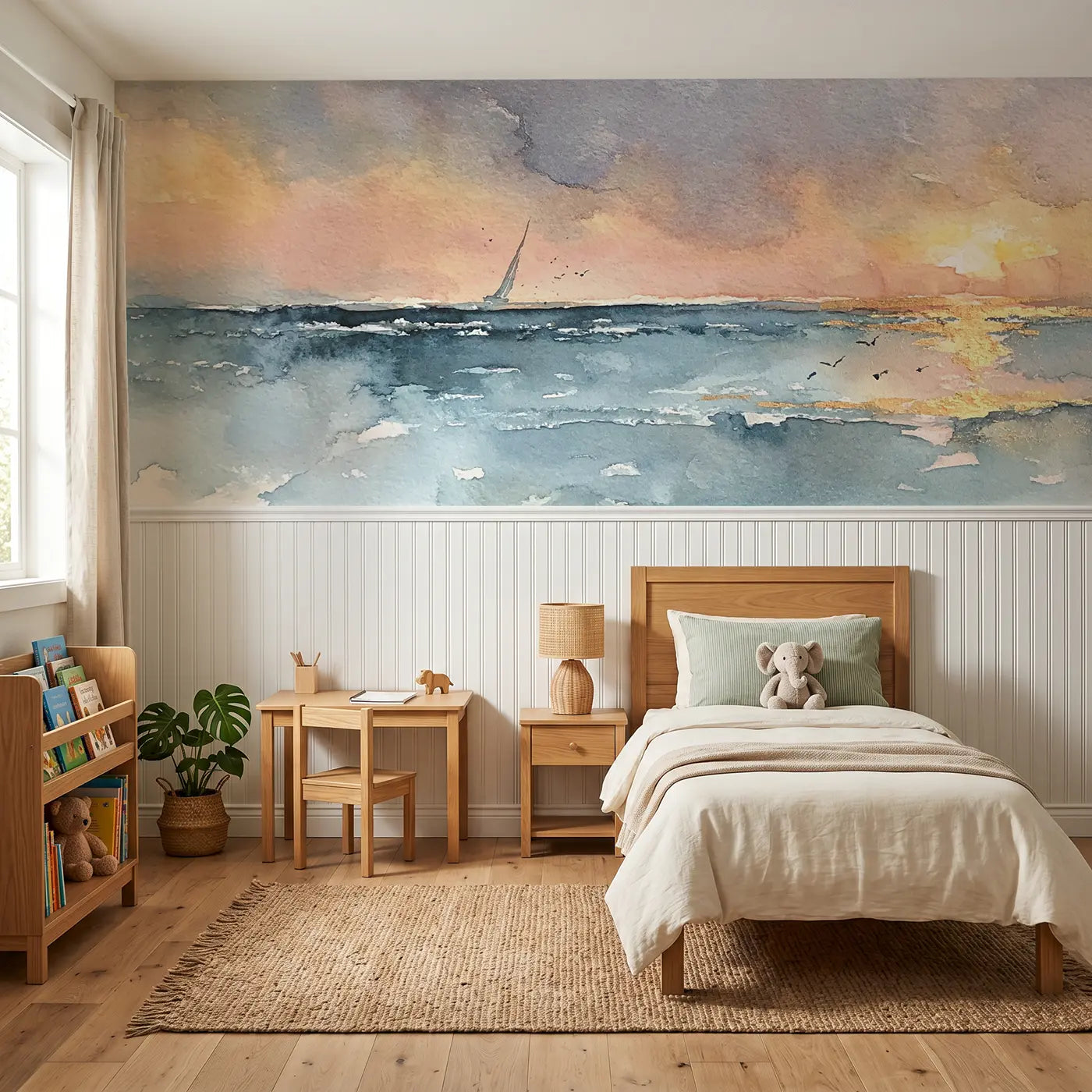 Watercolor jellyfish moonlit drift wainscoting wallpaper for nursery by Whimsy Tots