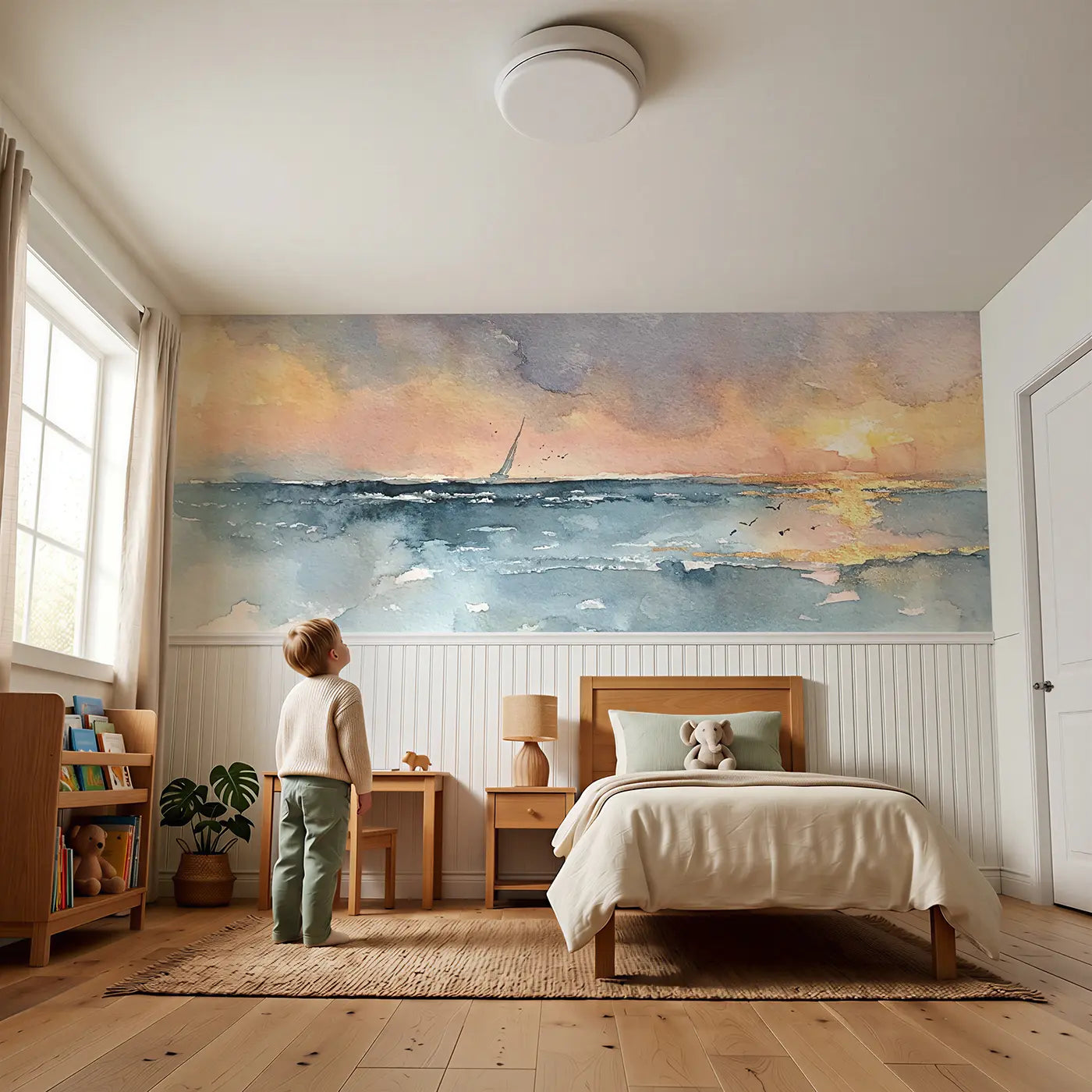 Child reading near Jellyfish Moonlit Drift Wainscoting Wallpaper by Whimsy Tots