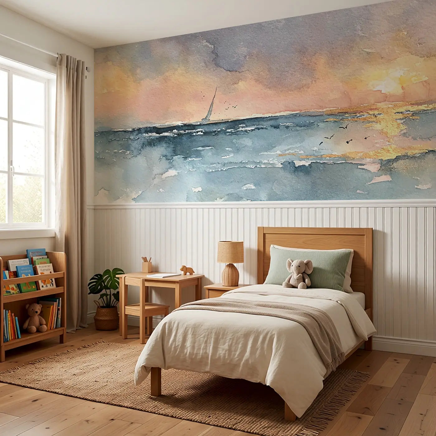 Jellyfish Moonlit Drift Wainscoting Wallpaper styled in a kids bedroom by Whimsy Tots