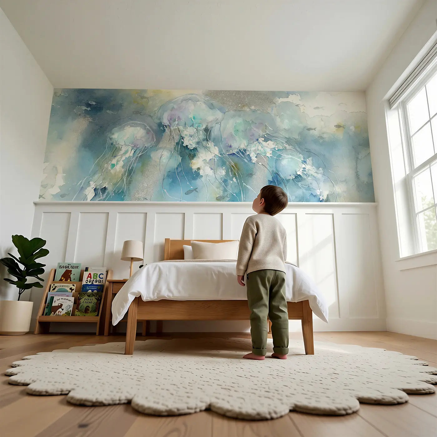 Child reading near Otter Family Kelp Forest Wainscoting Wallpaper by Whimsy Tots