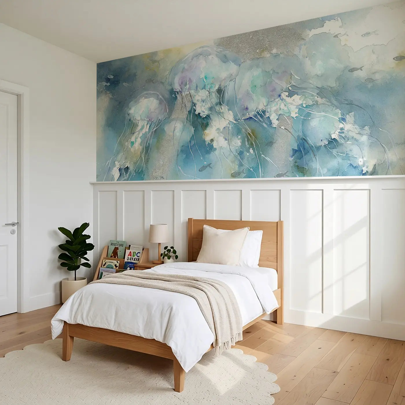 Otter Family Kelp Forest Wainscoting Wallpaper styled in a kids bedroom by Whimsy Tots
