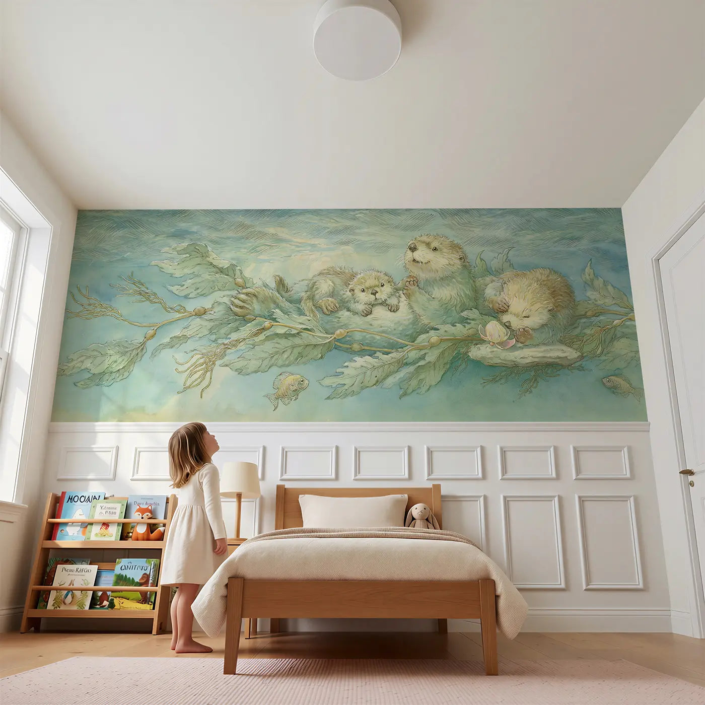 Child reading near Whale Song Deep Journey Wainscoting Wallpaper by Whimsy Tots