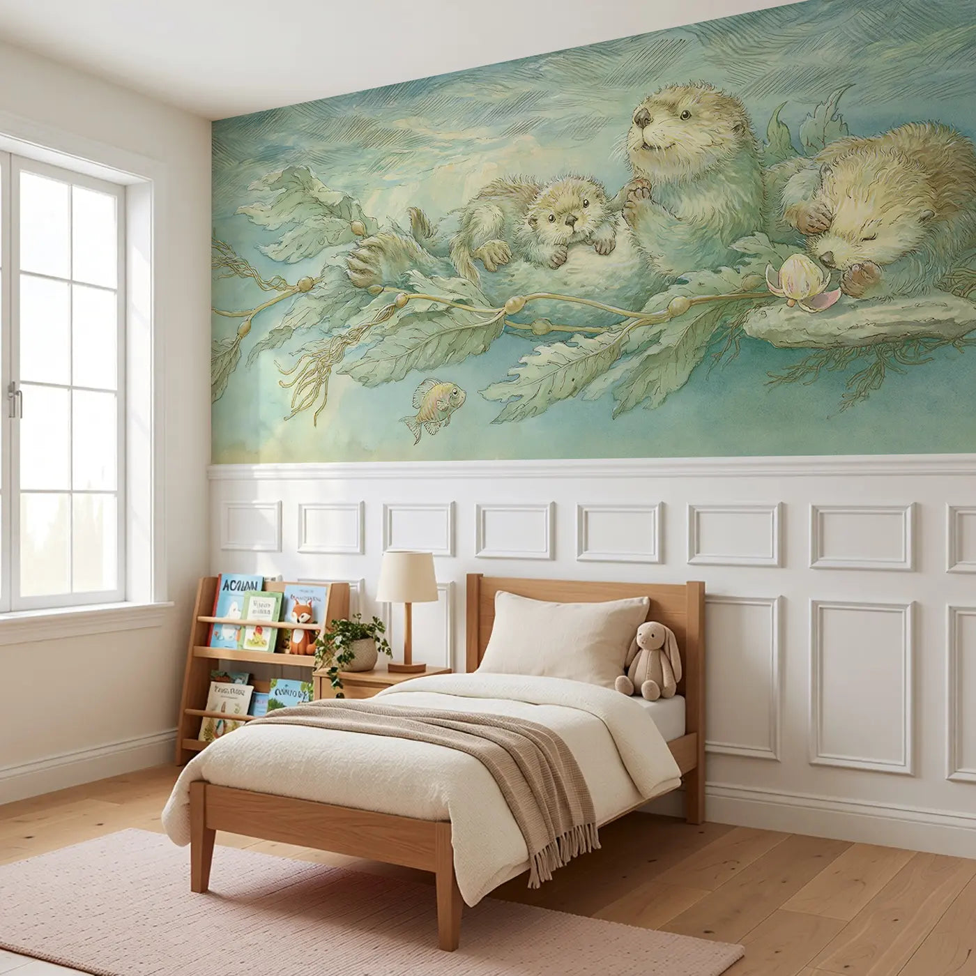 Whale Song Deep Journey Wainscoting Wallpaper styled in a kids bedroom by Whimsy Tots