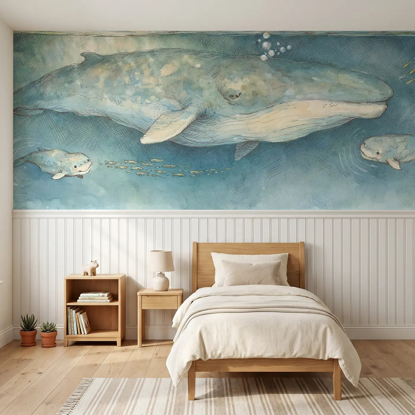 Storybook hermit crab shell house wainscoting wallpaper for nursery by Whimsy Tots