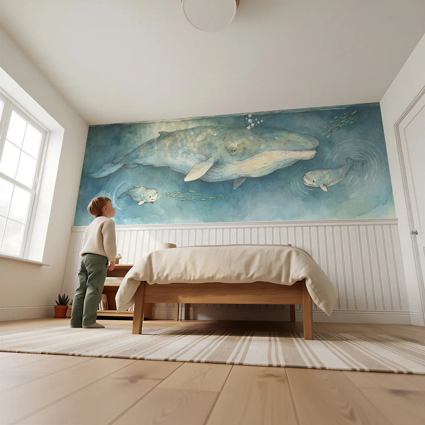 Child reading near Hermit Crab Shell House Wainscoting Wallpaper by Whimsy Tots