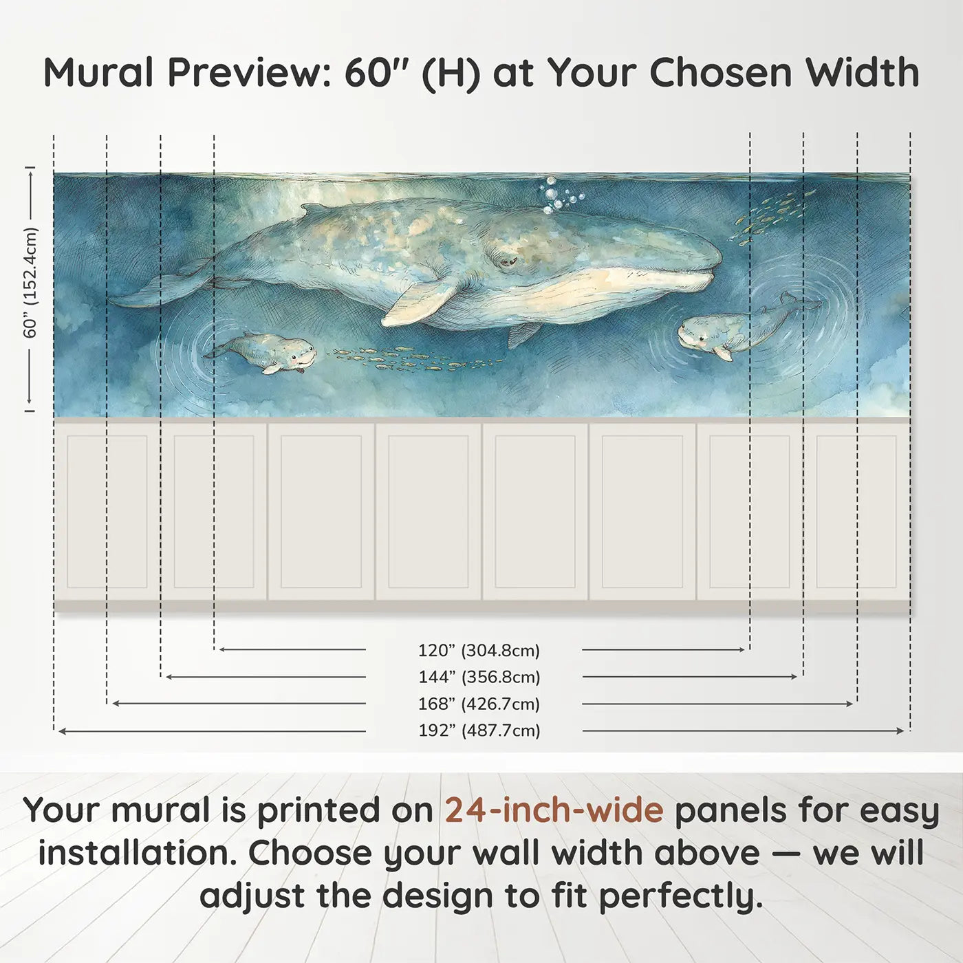 Panel dimensions for Hermit Crab Shell House Wainscoting Wallpaper by Whimsy Tots