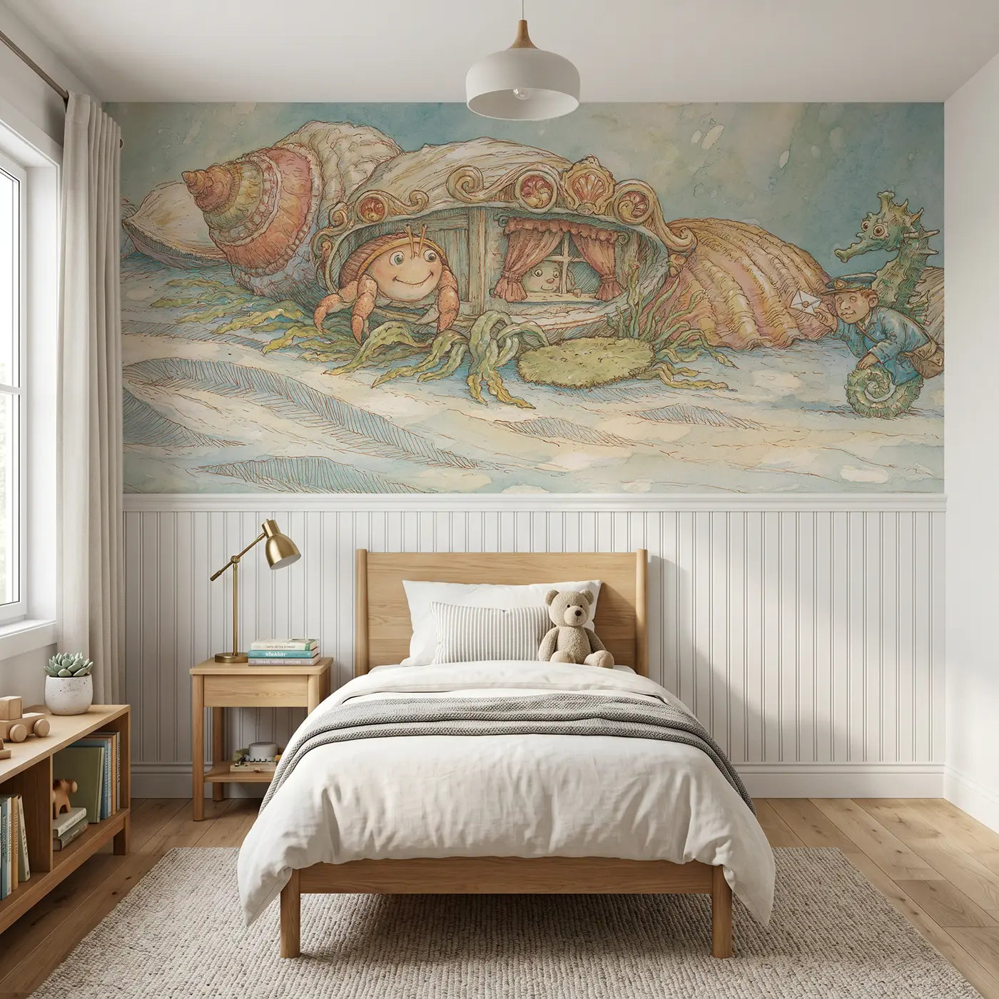 Storybook lighthouse harbor night wainscoting wallpaper for bedroom by Whimsy Tots