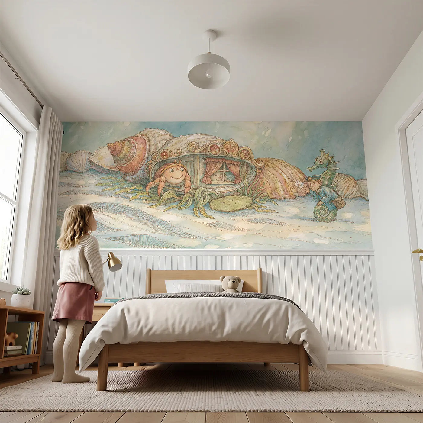 Child reading near Lighthouse Harbor Night Wainscoting Wallpaper by Whimsy Tots
