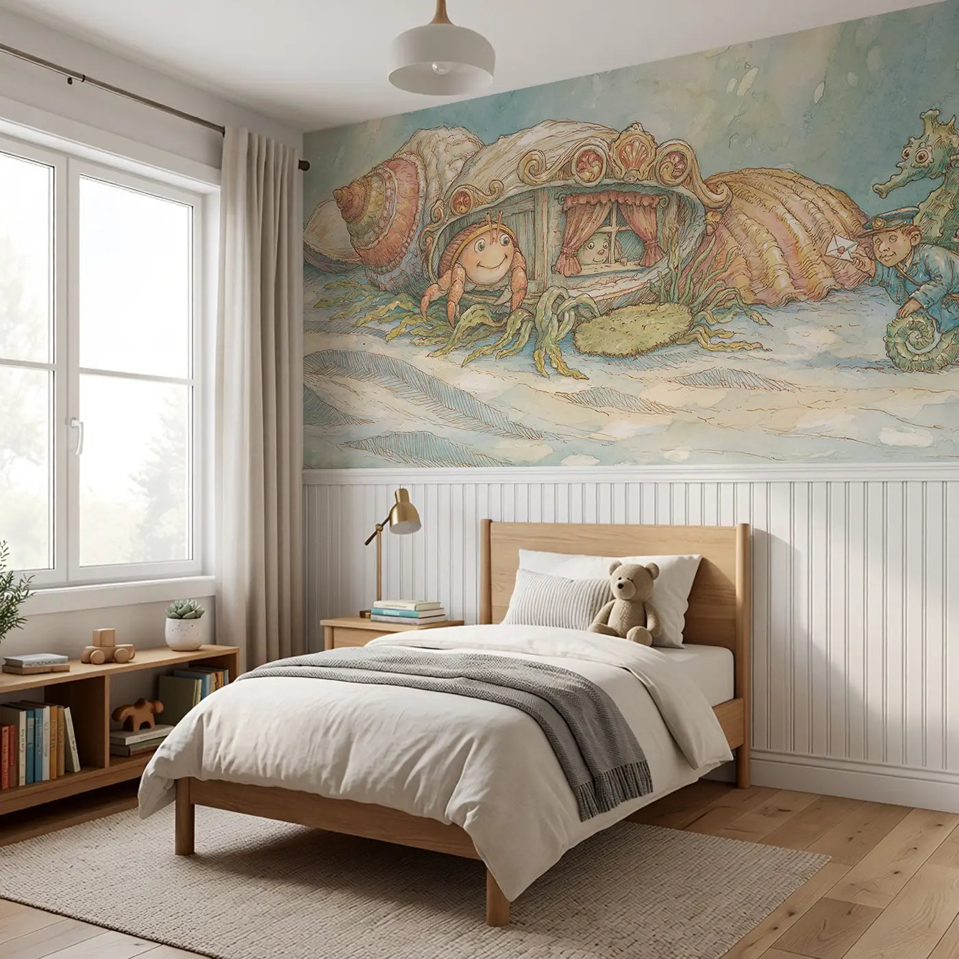 Lighthouse Harbor Night Wainscoting Wallpaper styled in a kids bedroom by Whimsy Tots