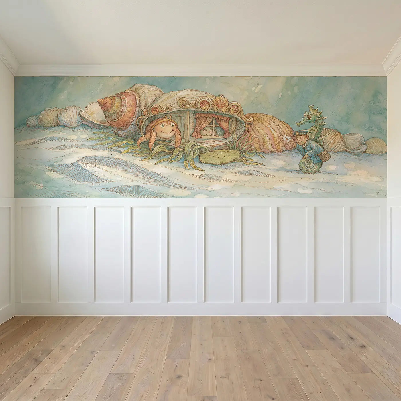 Full panel view of Lighthouse Harbor Night Wainscoting Wallpaper by Whimsy Tots