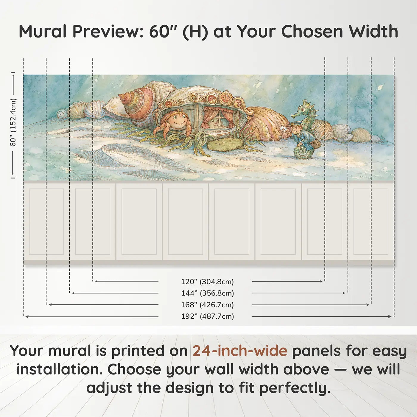 Panel dimensions for Lighthouse Harbor Night Wainscoting Wallpaper by Whimsy Tots