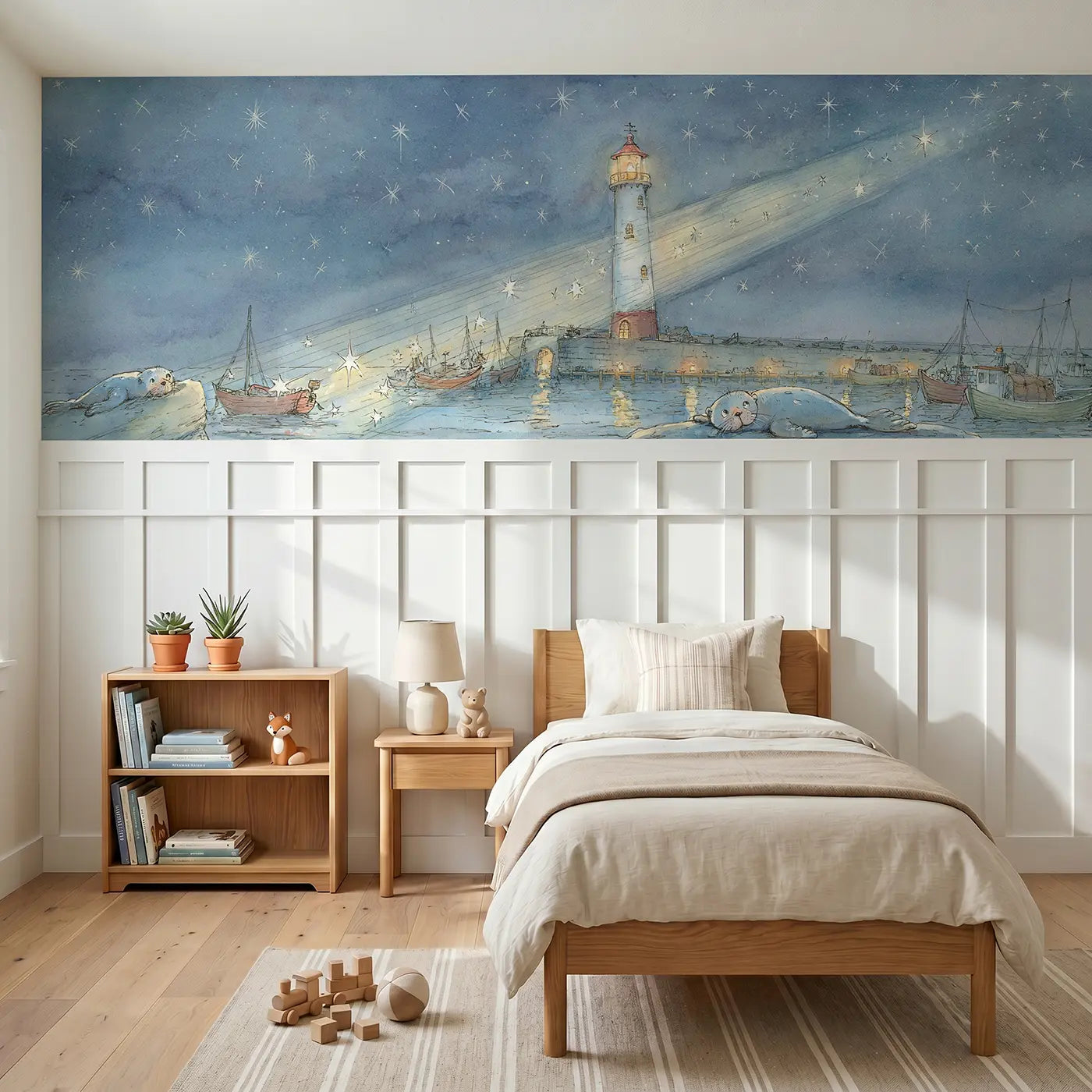 Storybook submarine porthole adventure wainscoting wallpaper for bedroom by Whimsy Tots