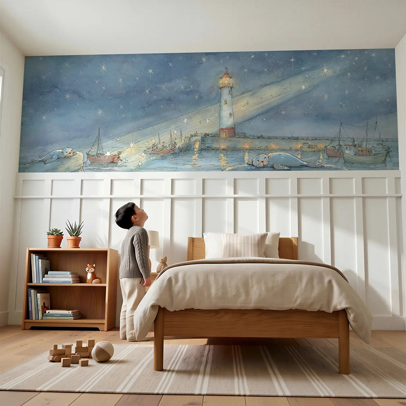 Child reading near Submarine Porthole Adventure Wainscoting Wallpaper by Whimsy Tots