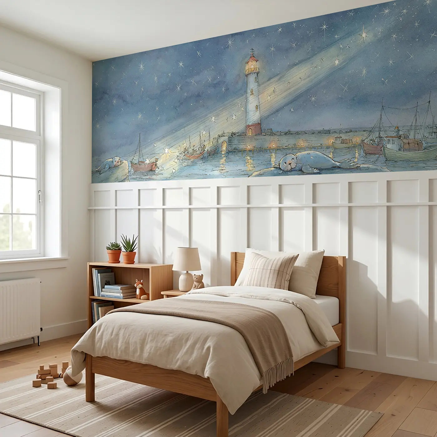 Submarine Porthole Adventure Wainscoting Wallpaper styled in a kids bedroom by Whimsy Tots