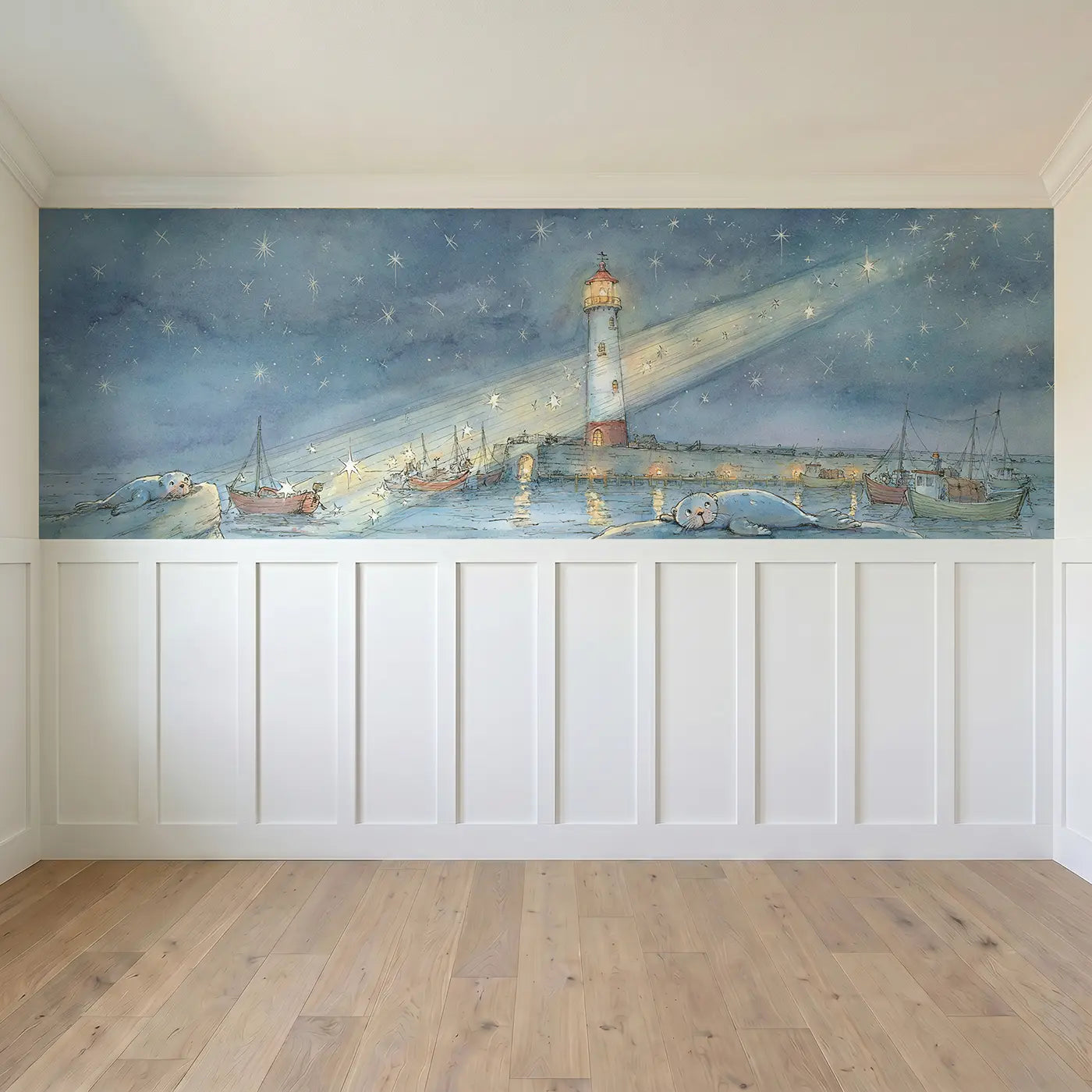 Full panel view of Submarine Porthole Adventure Wainscoting Wallpaper by Whimsy Tots