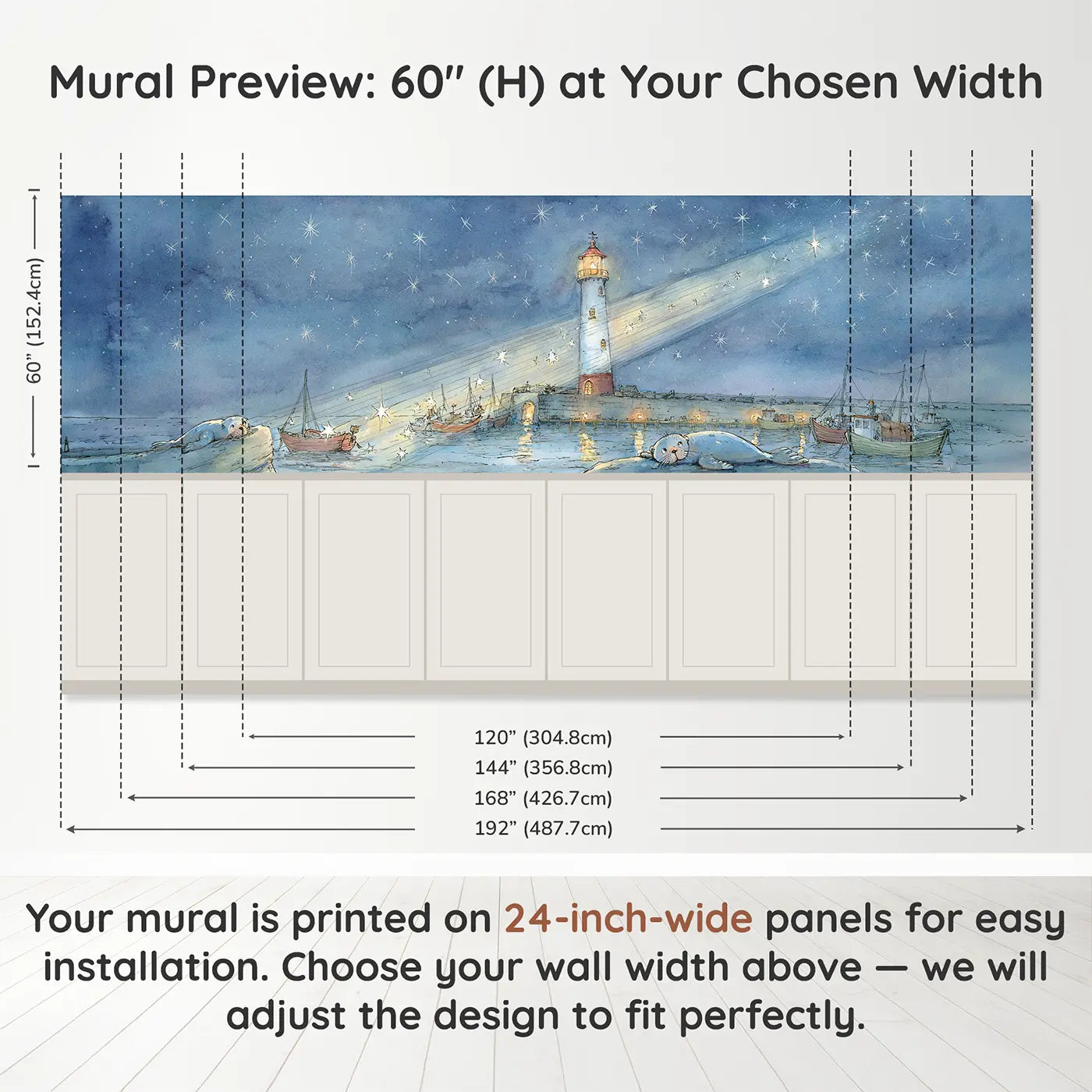 Panel dimensions for Submarine Porthole Adventure Wainscoting Wallpaper by Whimsy Tots