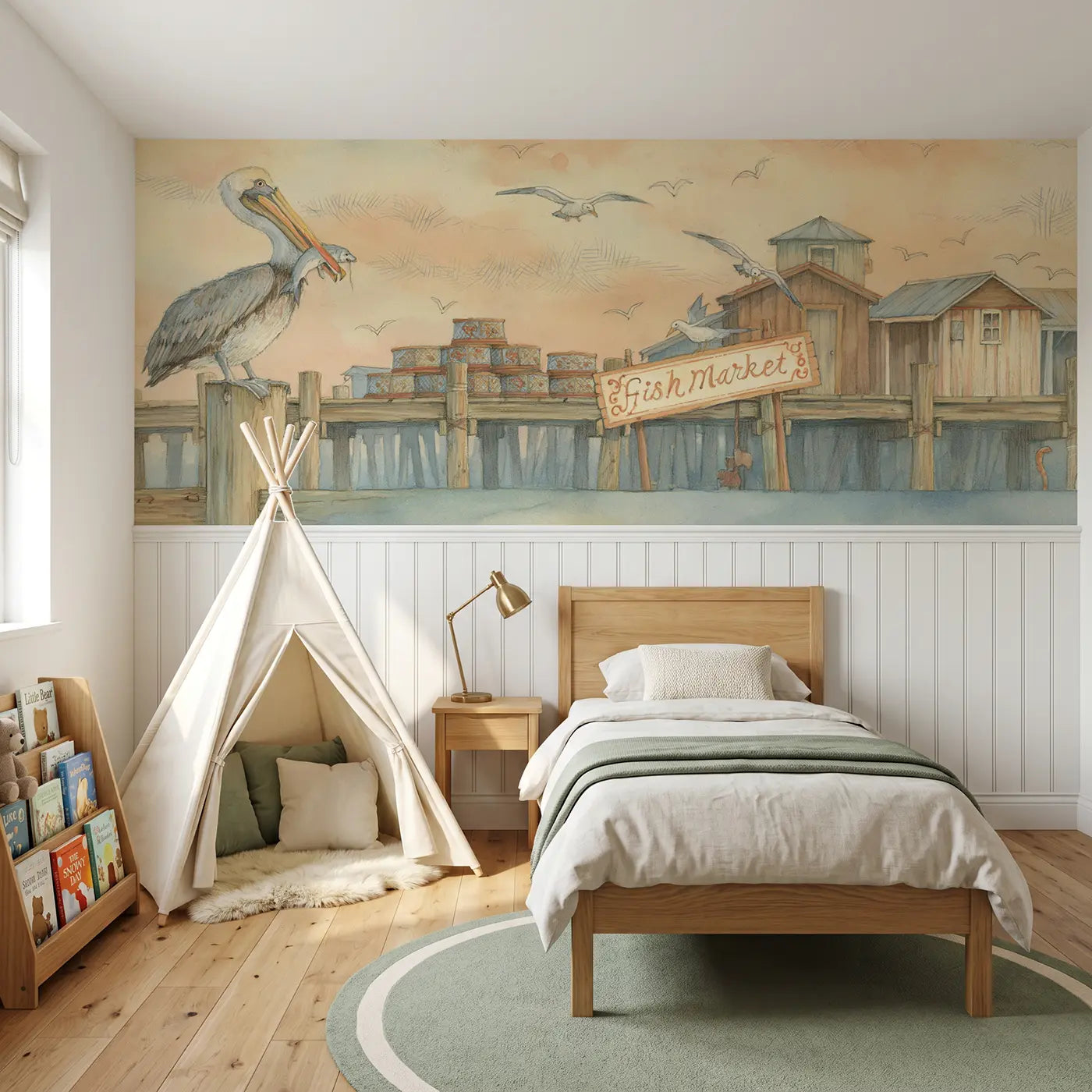 Storybook pelican pier fish market wainscoting wallpaper for bedroom by Whimsy Tots
