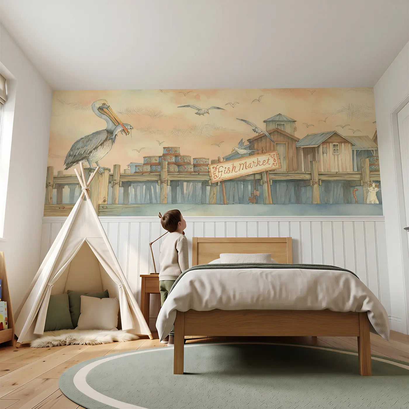 Child reading near Pelican Pier Fish Market Wainscoting Wallpaper by Whimsy Tots
