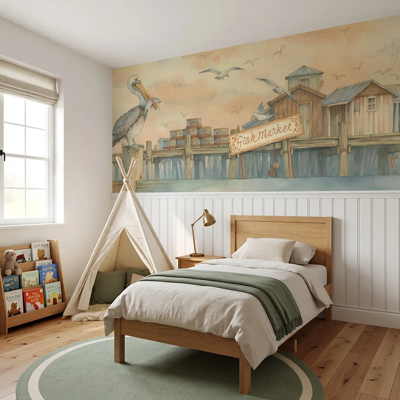 Pelican Pier Fish Market Wainscoting Wallpaper styled in a kids bedroom by Whimsy Tots