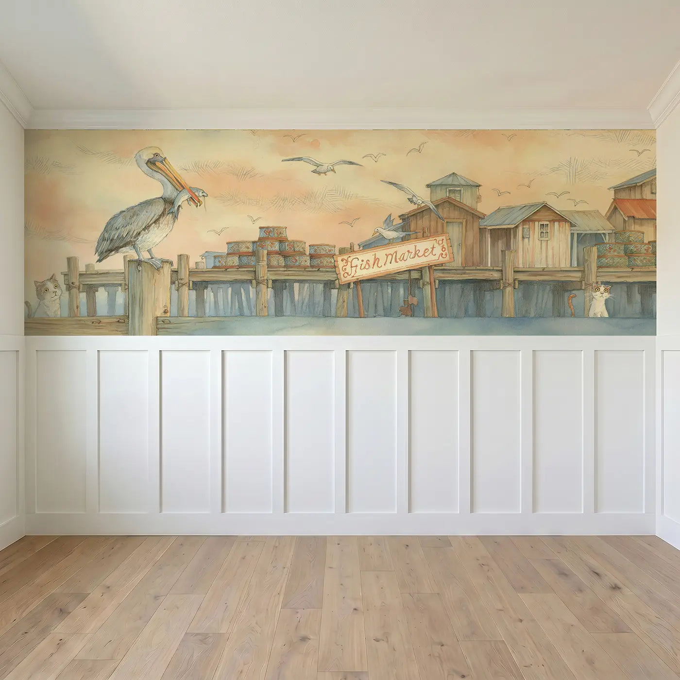 Full panel view of Pelican Pier Fish Market Wainscoting Wallpaper by Whimsy Tots