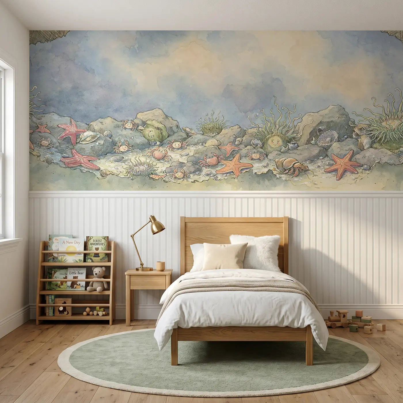 Storybook tide pool discovery scene wainscoting wallpaper for nursery by Whimsy Tots