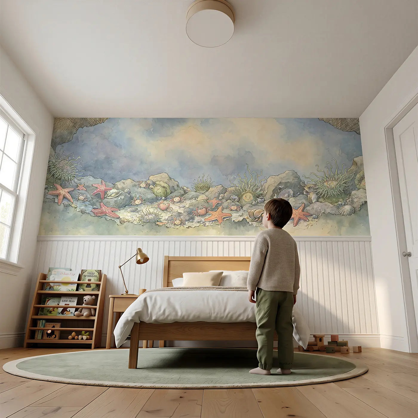 Child reading near Tide Pool Discovery Scene Wainscoting Wallpaper by Whimsy Tots