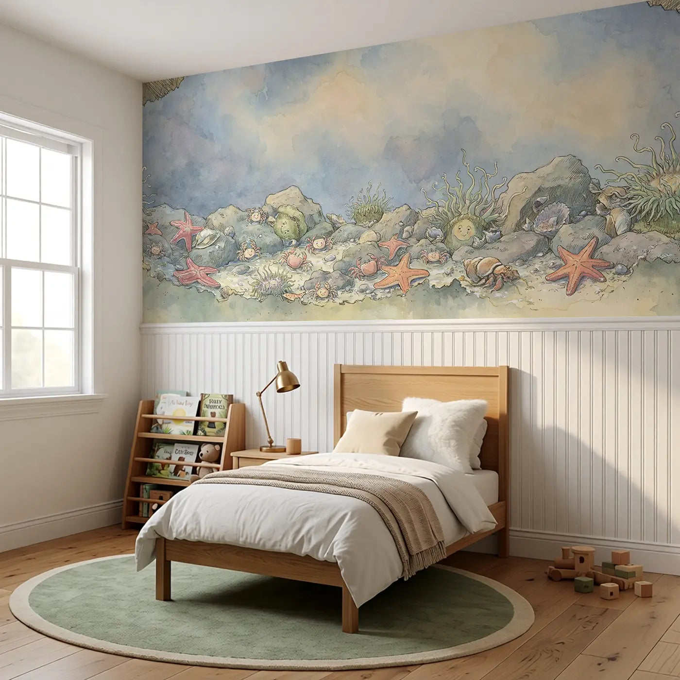 Tide Pool Discovery Scene Wainscoting Wallpaper styled in a kids bedroom by Whimsy Tots