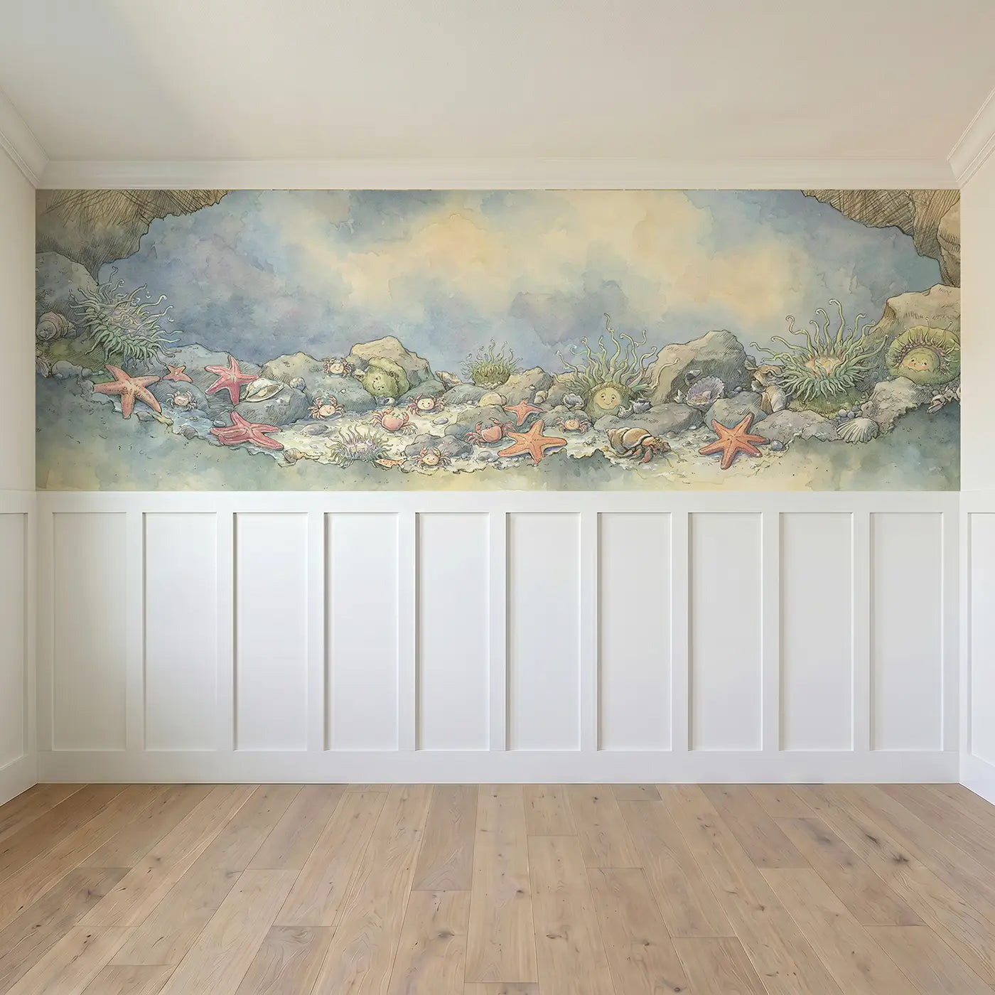 Full panel view of Tide Pool Discovery Scene Wainscoting Wallpaper by Whimsy Tots