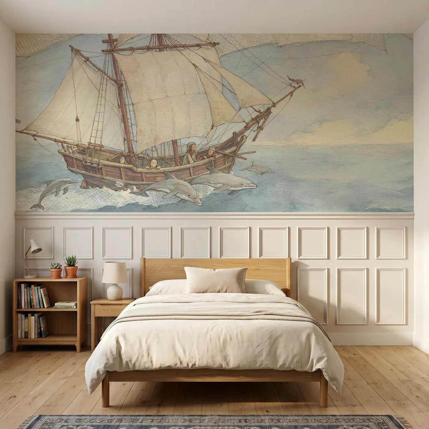 Storybook sailing ship cloud sea wainscoting wallpaper for bedroom by Whimsy Tots