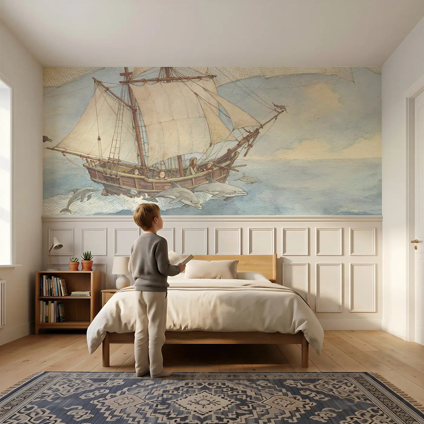Child reading near Sailing Ship Cloud Sea Wainscoting Wallpaper by Whimsy Tots