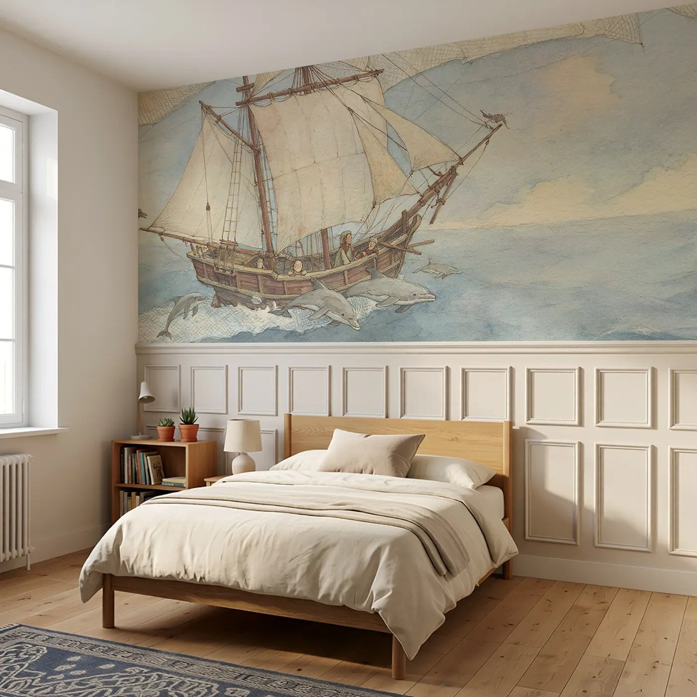 Sailing Ship Cloud Sea Wainscoting Wallpaper styled in a kids bedroom by Whimsy Tots