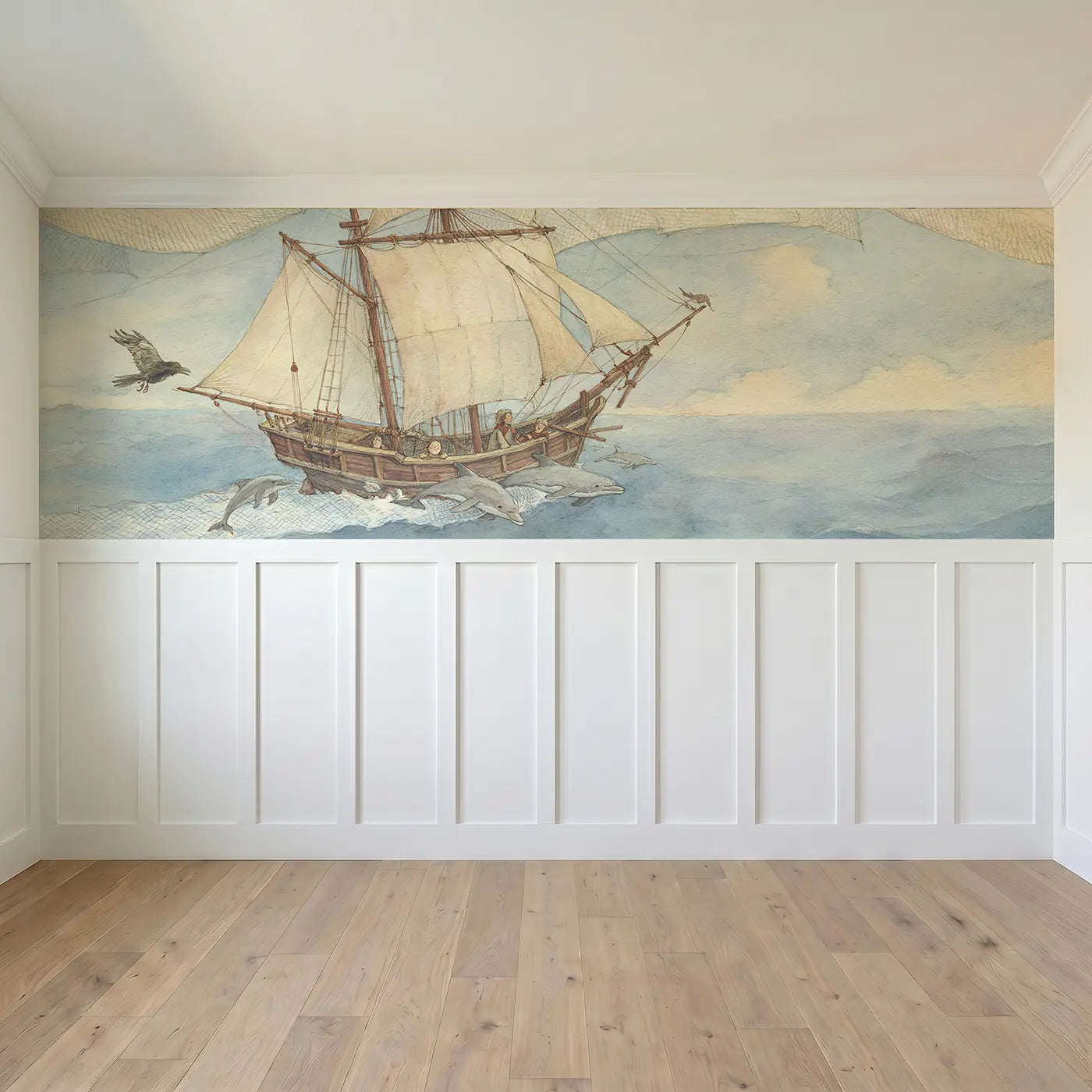 Full panel view of Sailing Ship Cloud Sea Wainscoting Wallpaper by Whimsy Tots