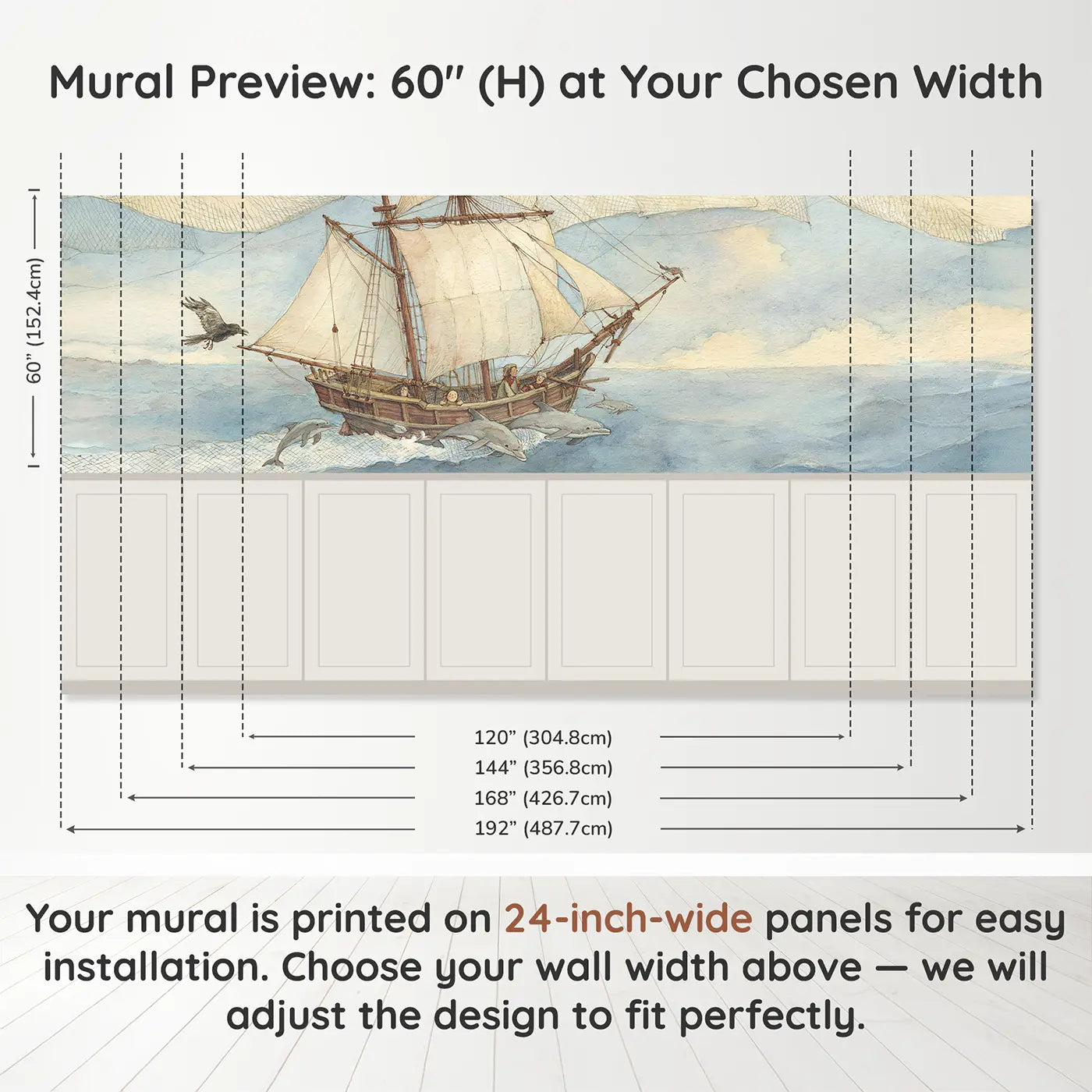 Panel dimensions for Sailing Ship Cloud Sea Wainscoting Wallpaper by Whimsy Tots