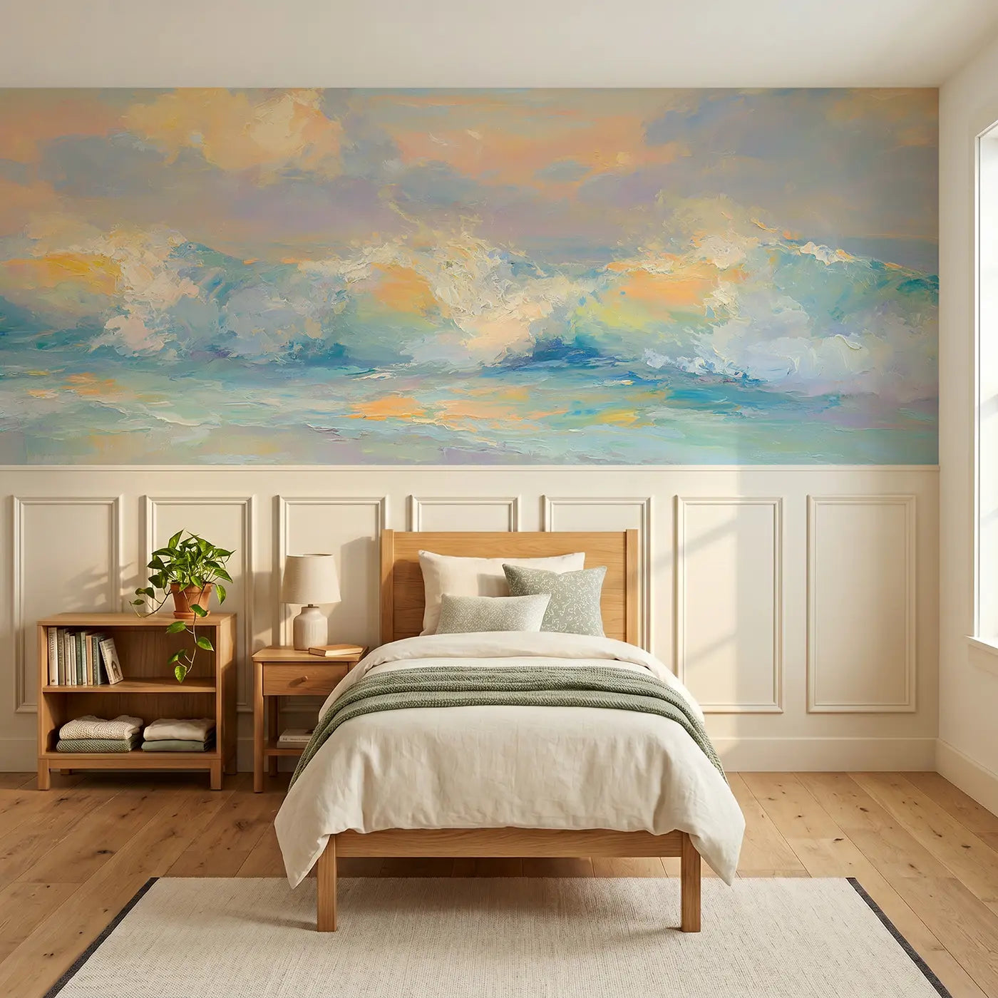 Painted Landscape ocean sunrise wave crest wainscoting wallpaper for bedroom by Whimsy Tots